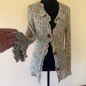 BCBGMaxAzria Confetti Knit Ruffle Cardigan with Wooden Buttons